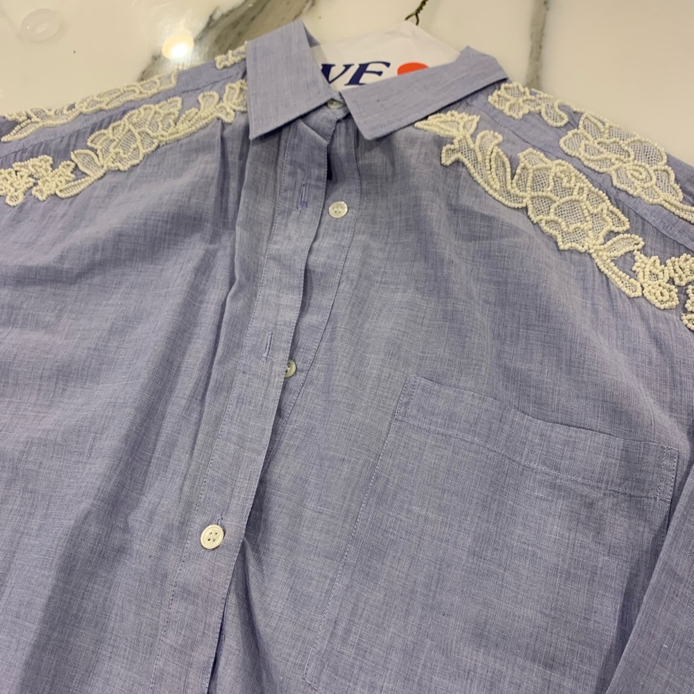 Designer Chambray Linen Handbeaded Button Down To… - image 2